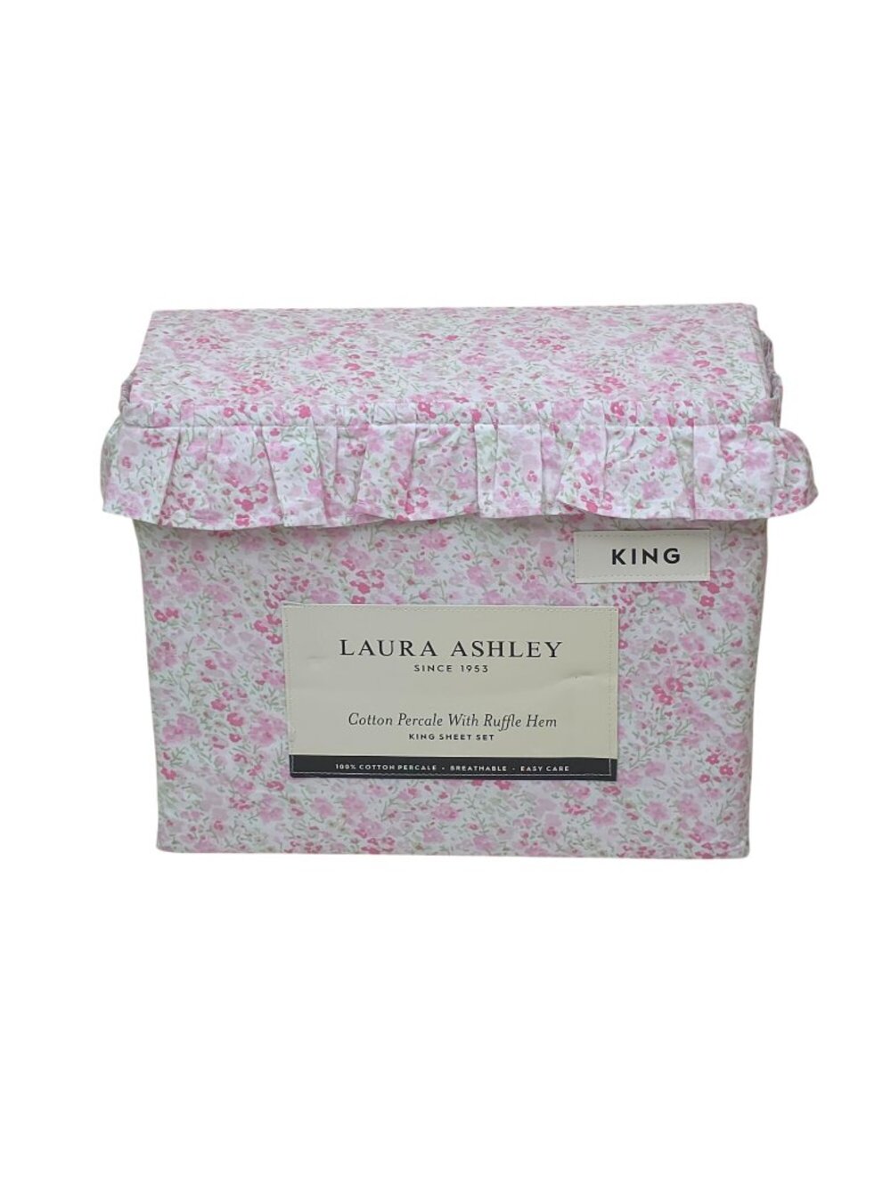 Laura Ashley Cotton Percale King Sheet Set With Ruffle Hem Leona Flower Pink